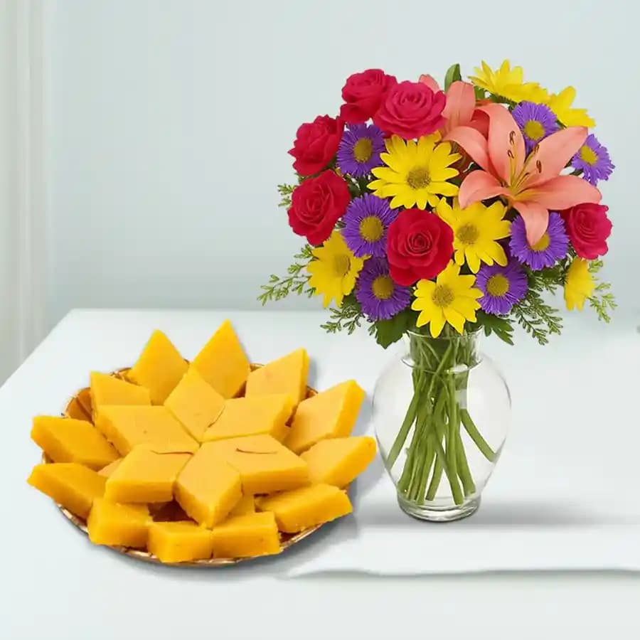 Badam Cake from Adyar Ananda Bhawan with Mixed Flower Arrangement