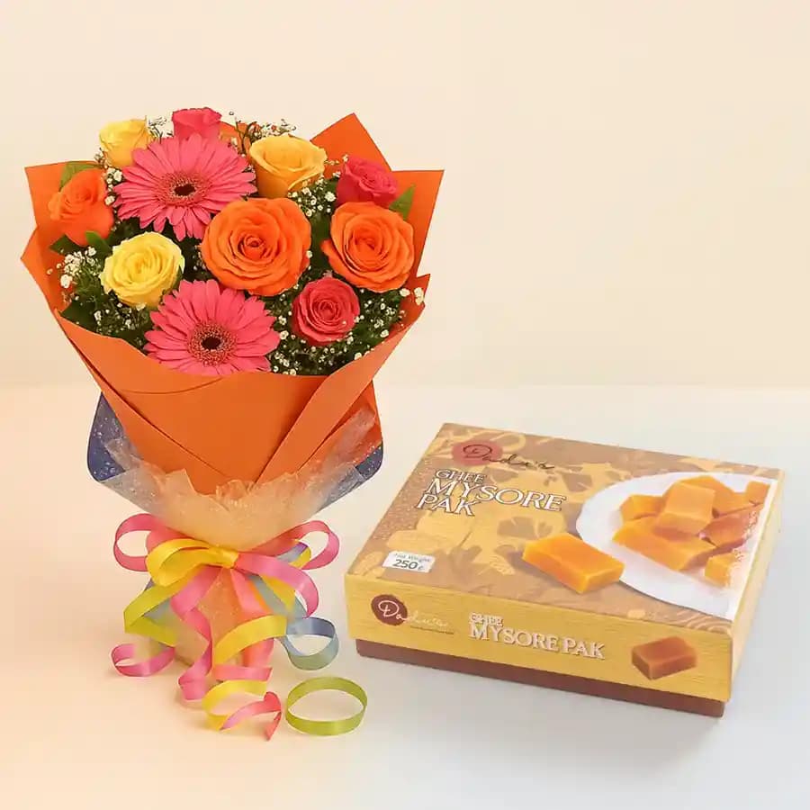 Ghee Mysorepak from Dadus with Seasonal Flower Bouquet