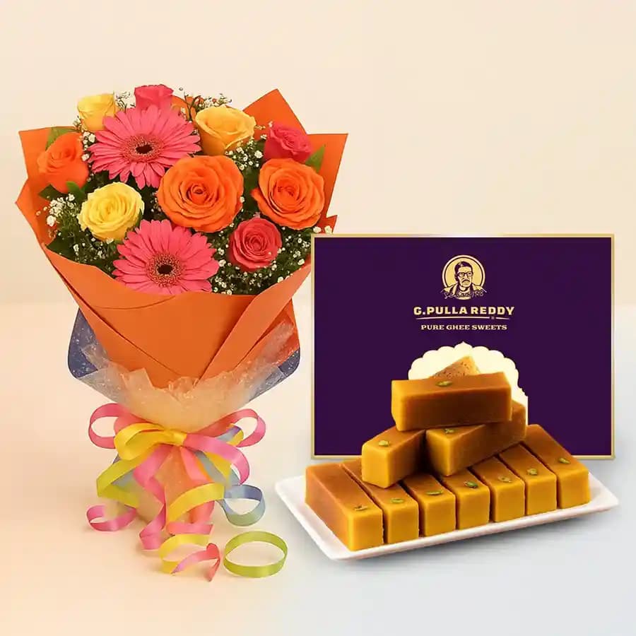 Milk Mysorepak from G Pulla Reddy with Seasonal Flower Bouquet