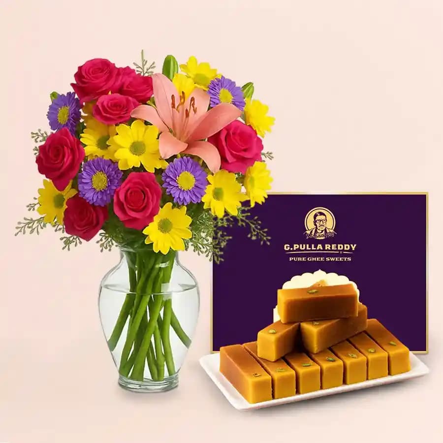 Milk Mysorepak from G Pulla Reddy with Mixed Flower Arrangement