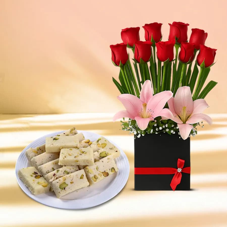 Malai Burfi from G Pulla Reddy with Designer Flower Arrangement