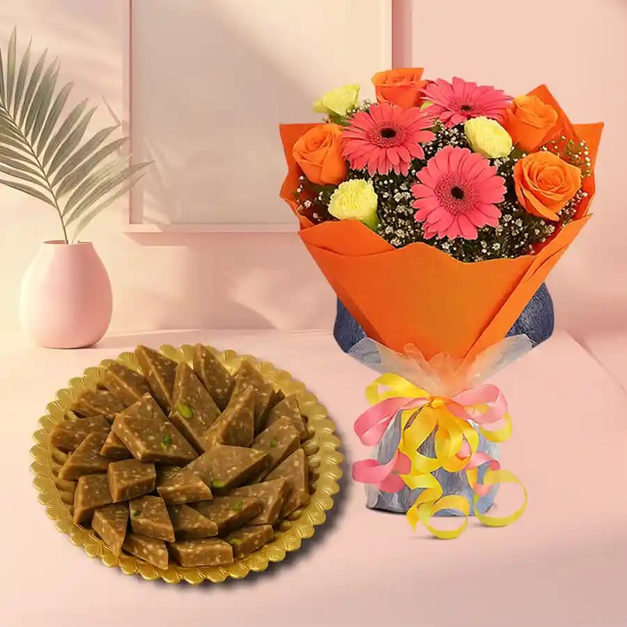 Peppery Cashew Burfi from Almond House with Seasonal Flower Bouquet
