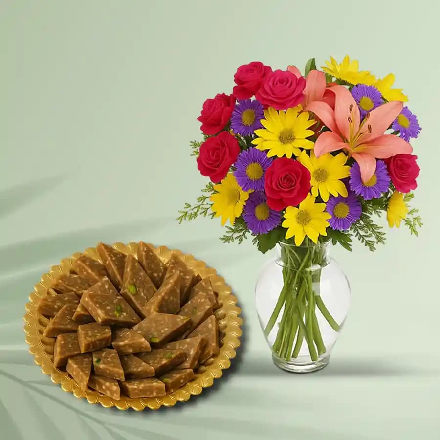 Peppery Cashew Burfi from Almond House with Mixed Flower Arrangement