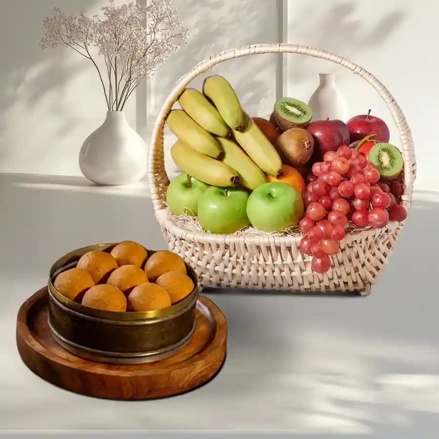 Bellam Sunni Laddu from Almond House with Fresh Fruit Basket