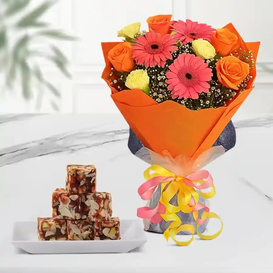 Dry Fruit Burfi from Almond House with Seasonal Flower Bouquet