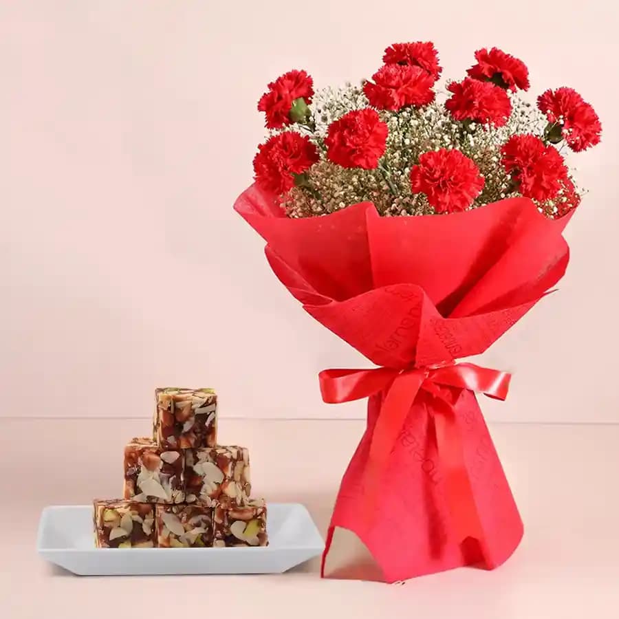 Dry Fruit Burfi from Almond House with Red Carnation Bouquet