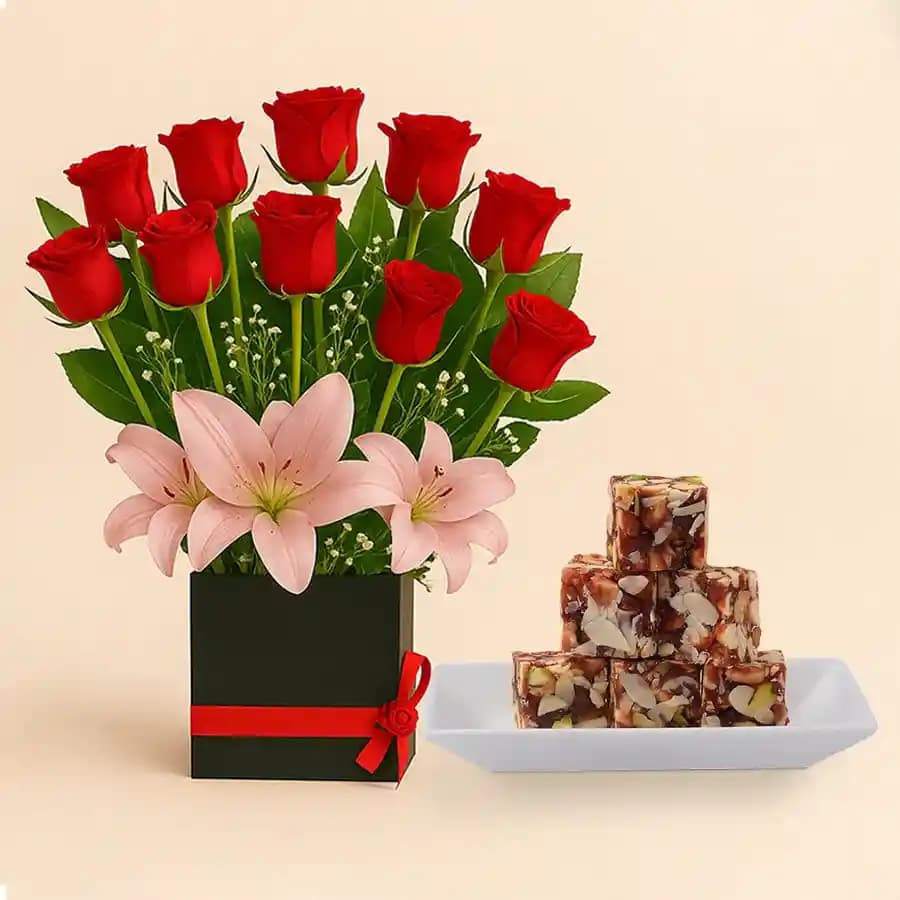Dry Fruit Burfi from Almond House with Designer Flower Arrangement