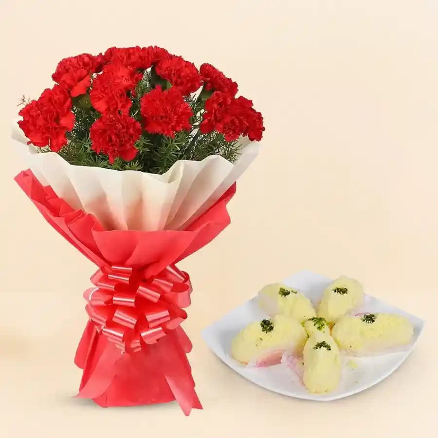 Heavenly Malai Chum Chum Gift Set with Elegant Red Carnation Bouquet