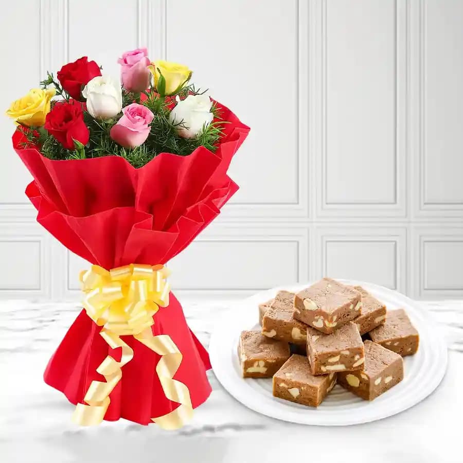 Luscious Kaju Choco Bites with Majestic Bunch of Mixed Roses