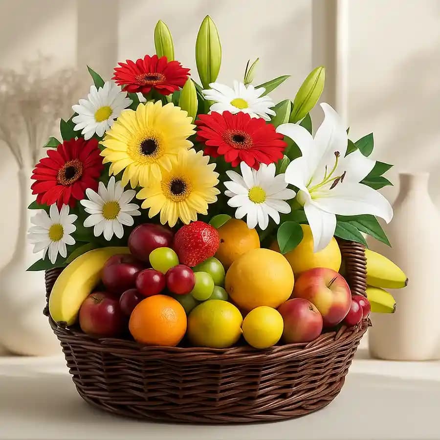 A beautifully arranged fruit and flower basket for dear mom