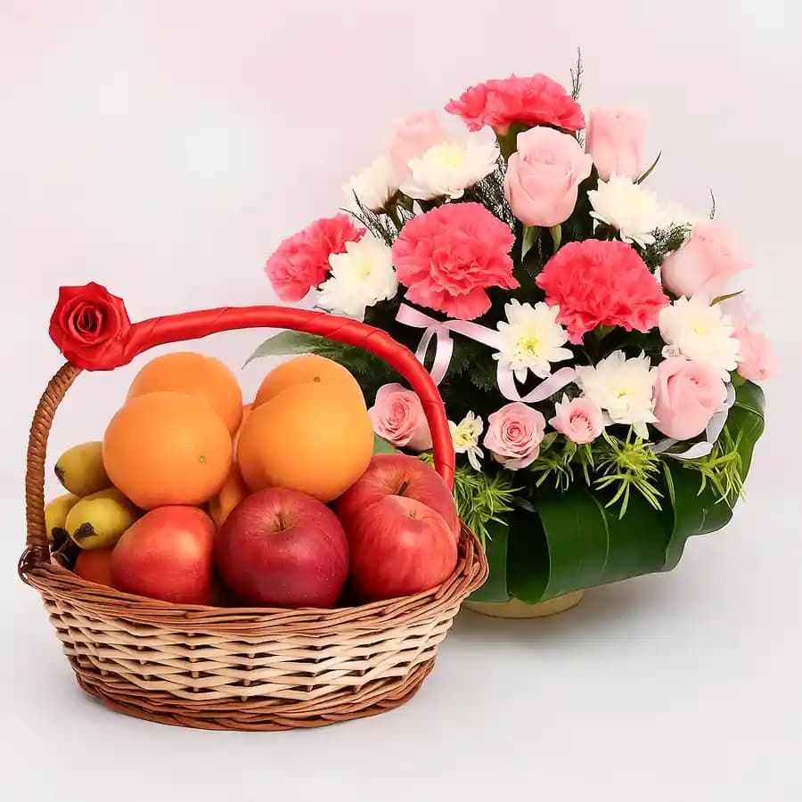 Deluxe Fresh Fruits with Mixed Flowers Basket