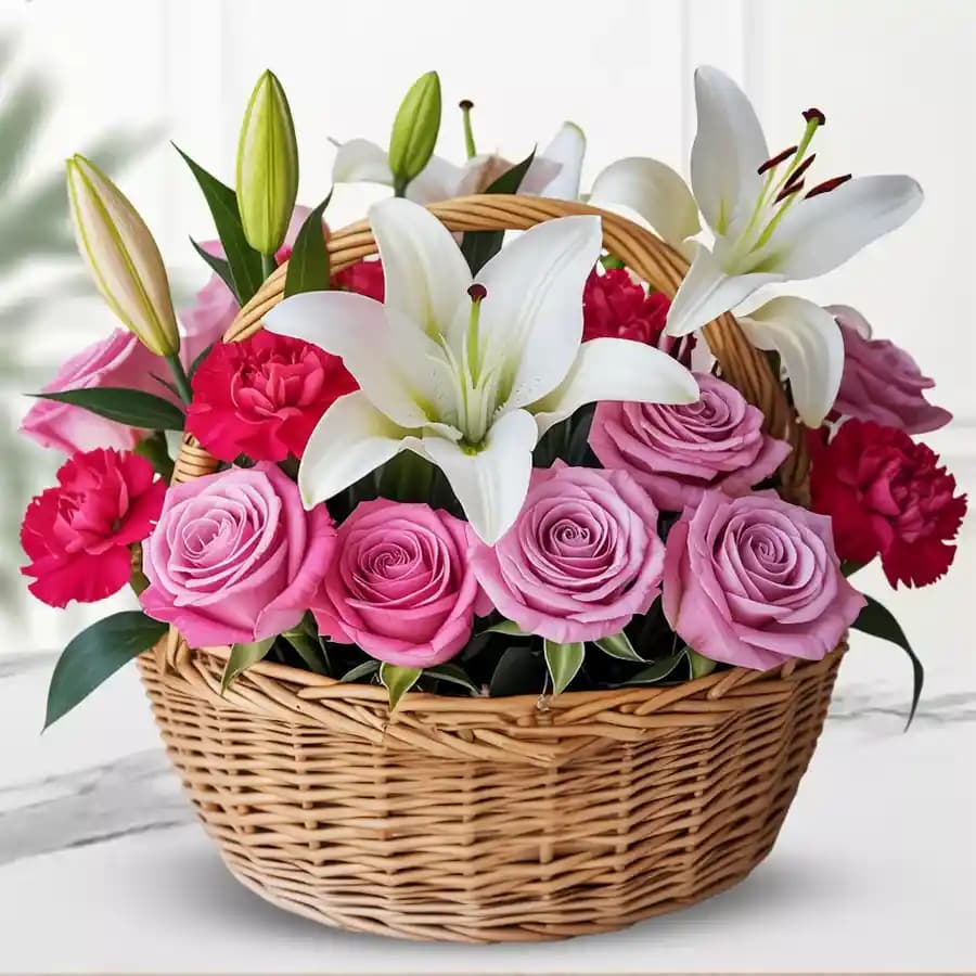 Beautiful Basket of Roses, Lilies N Carnations