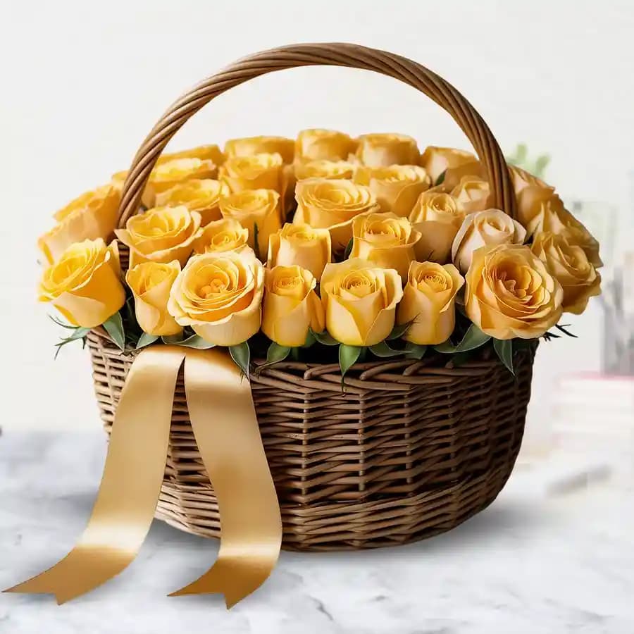 Cheerful 50 Yellow Roses Basket