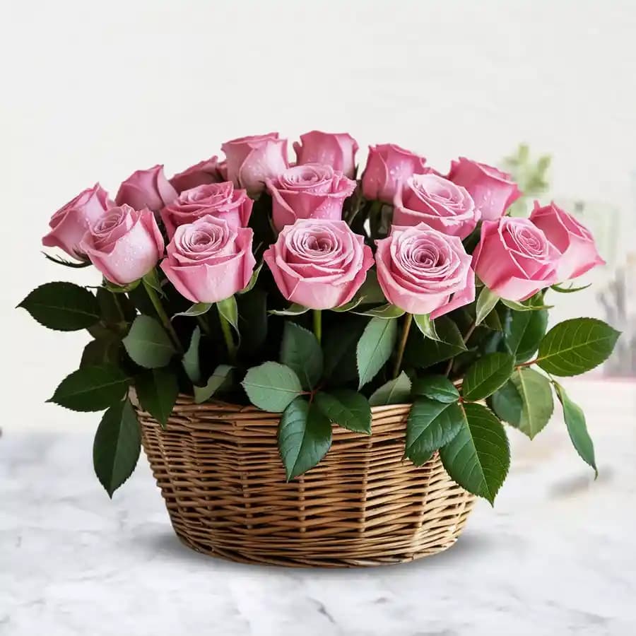 Charming Basket of 18 Pink Roses with Fillers