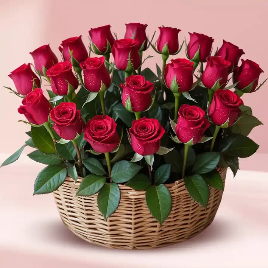 Lovely Red Roses One Sided Basket