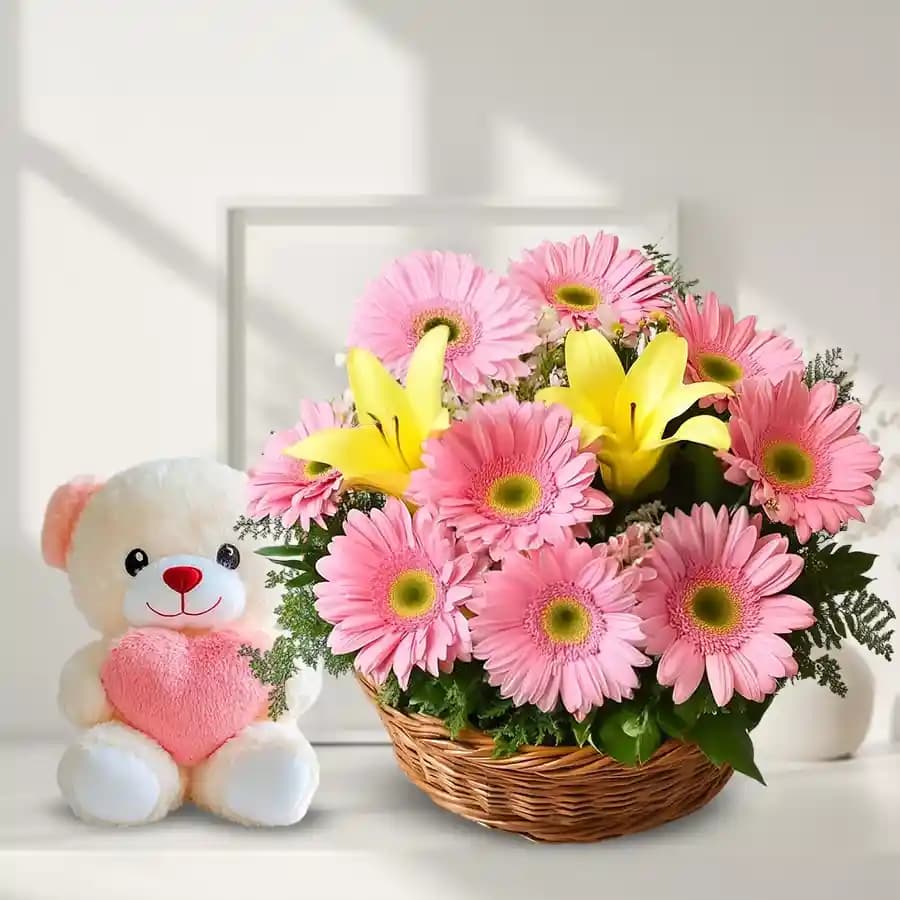 Basket Arrangement of Flowers N Teddy Bear