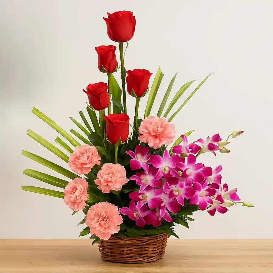 Pretty Mixed Flowers Basket Arrangement