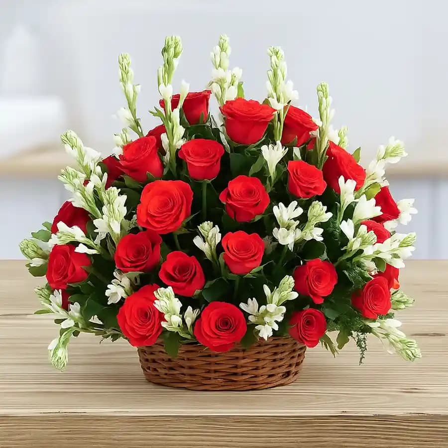 Precious Basket Arrangement of Red Roses n Tube Roses