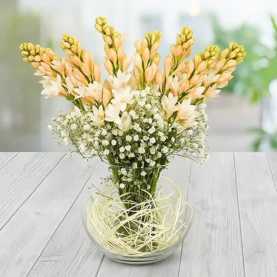 Elegant Display of Rajnigandha in a Glass Vase