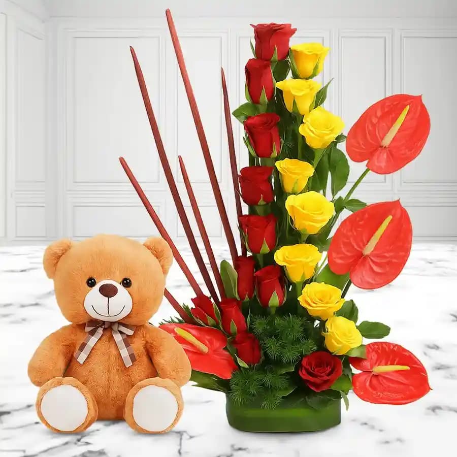 Lovely Anthodium N Roses Arrangement with Cute Teddy