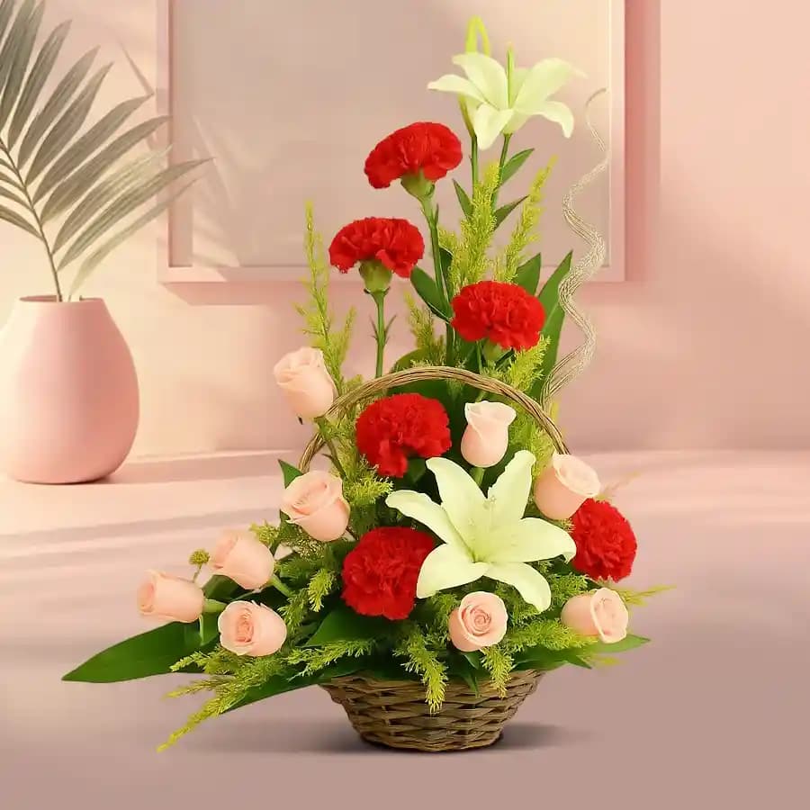 Beautiful Basket of White Pink n Red Flowers