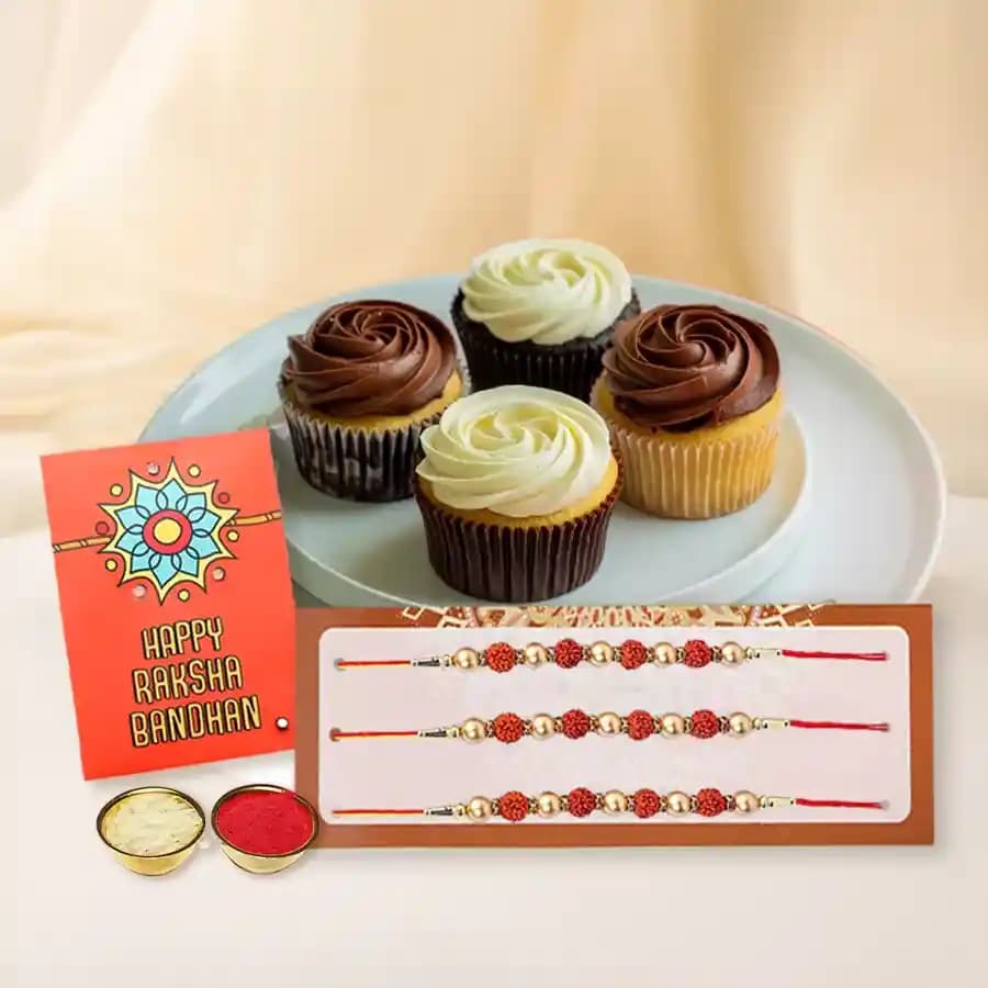 Rakhi Celebration Bundle with Cupcakes and Rudraksha