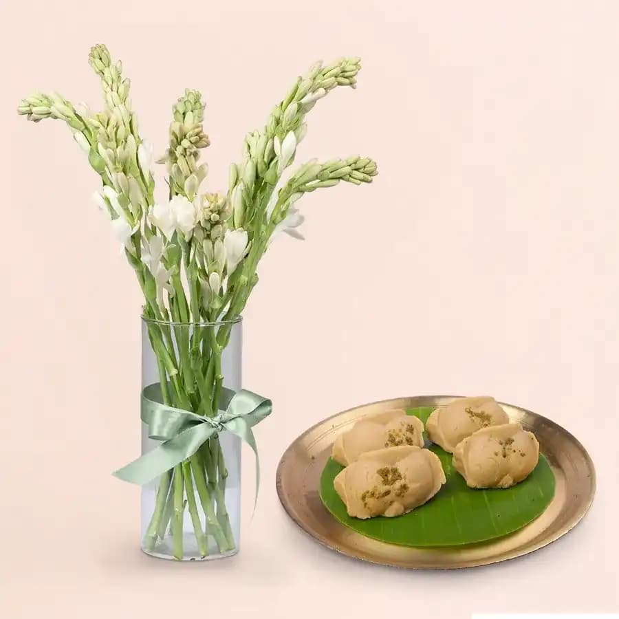 Jolbhora Sandesh from Balaram Mullick with a Rajnigandha Stems