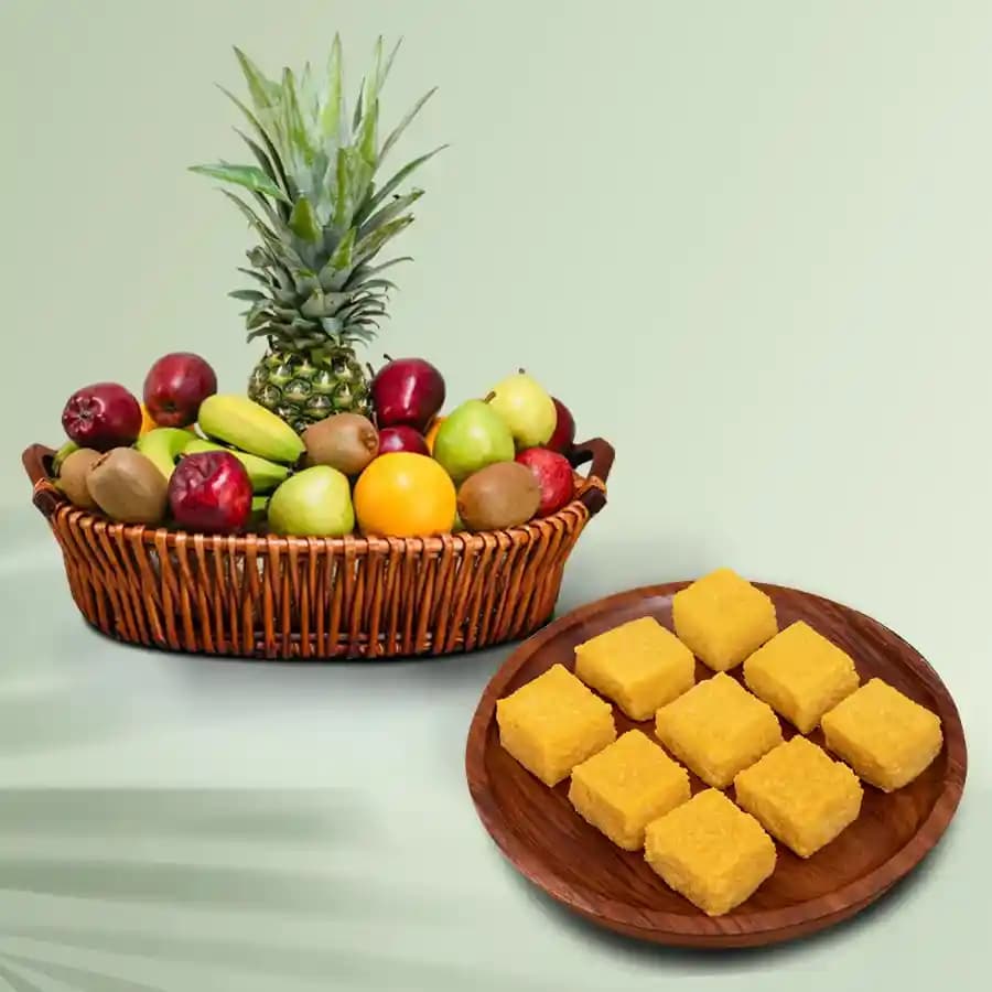 Mango Malai Barfi from Karachi Sweet Mart with Fresh Fruit Basket