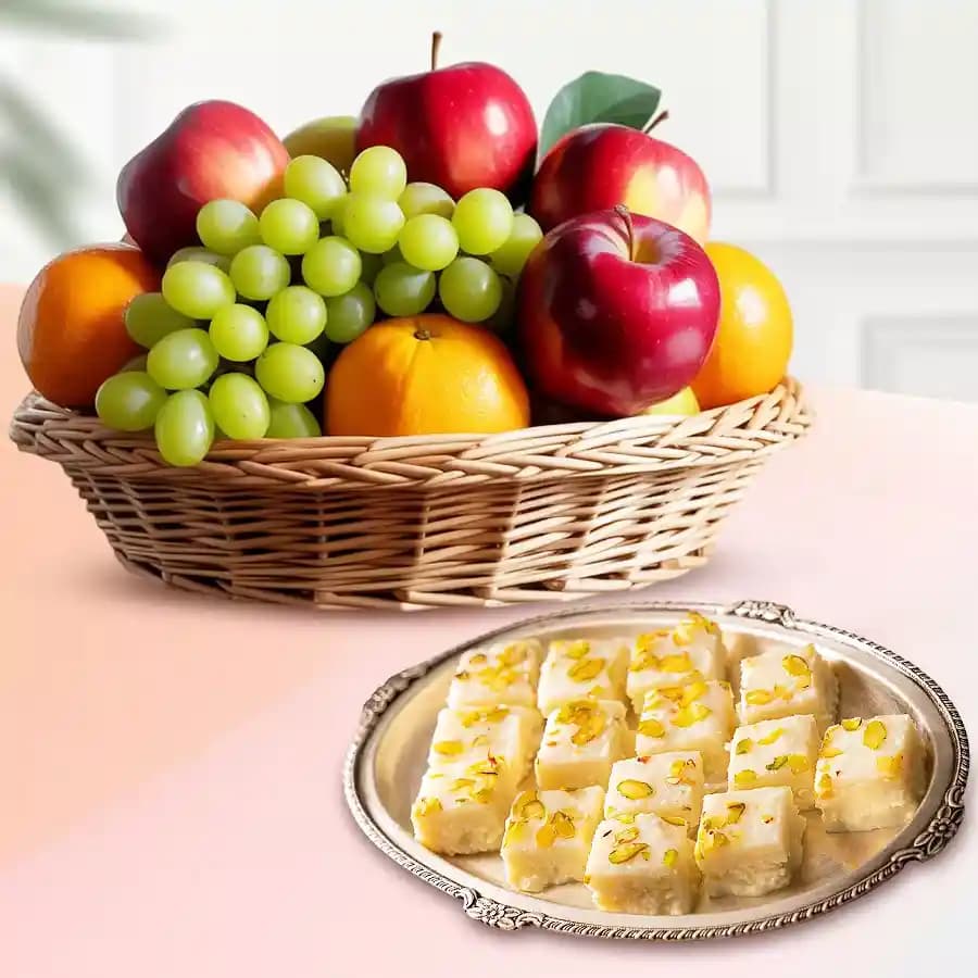 Malai Barfi from Karachi Sweet Mart with Fresh Fruit Basket