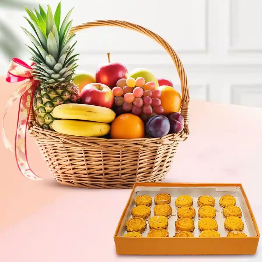 Baked Badam Jalebi from Ganguram with Fresh Fruit Basket