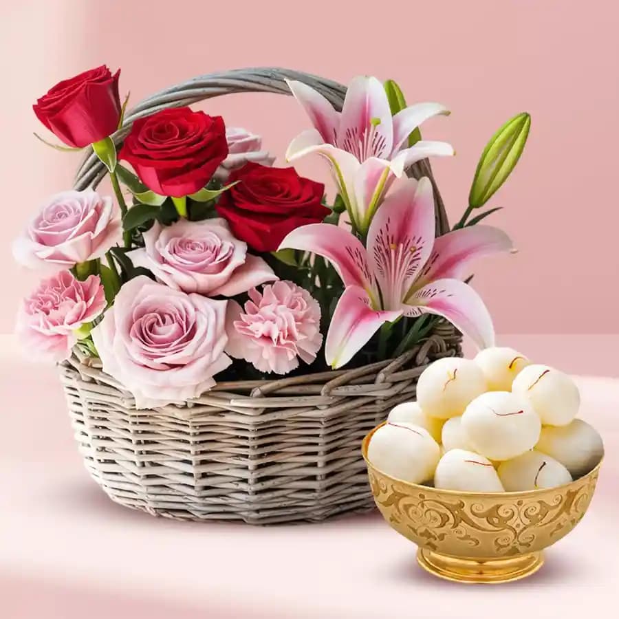 Beautiful Flowers N Rosogolla Delight