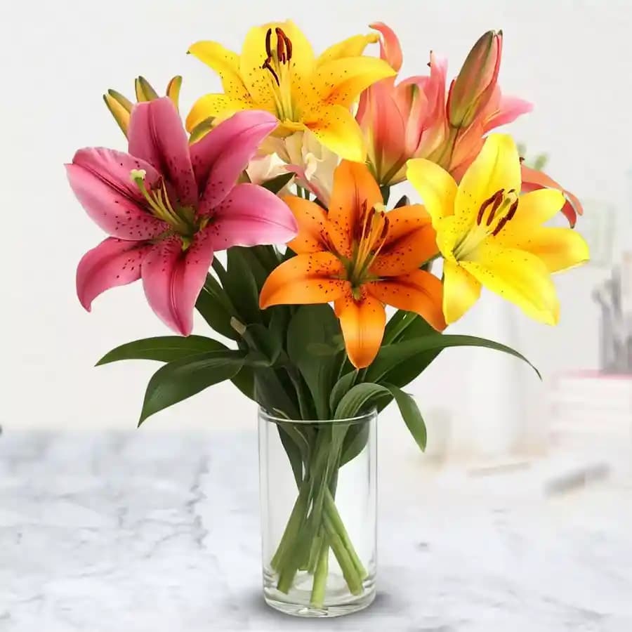 Vibrant Color Lilies in Glass Vase