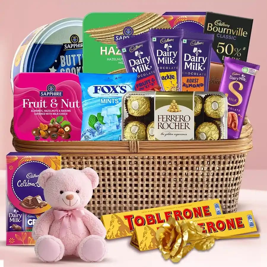 Appealing Gift Basket of Chocolate Treat with Golden Rose N Teddy