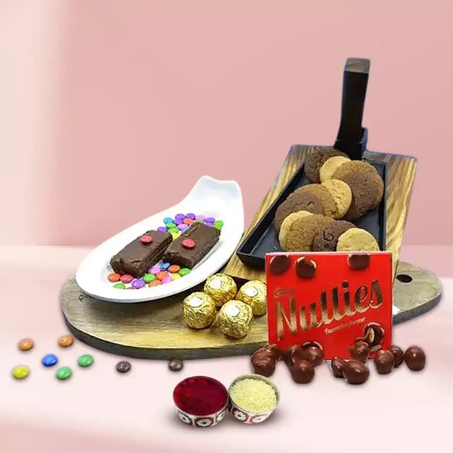 Delicious Cookies n Choco Delight with LED Tower Lamp N Free Roli Tika