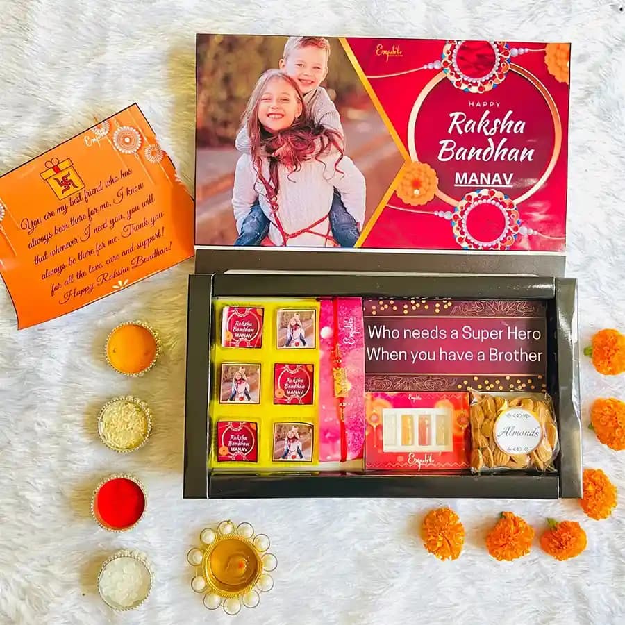 Trendy Rakhi with Treats Personalized Gift Set