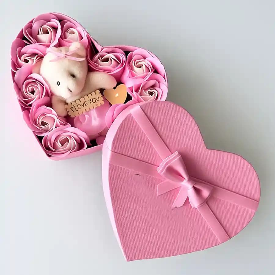 Attractive Heart Shape Roses N Teddy Box