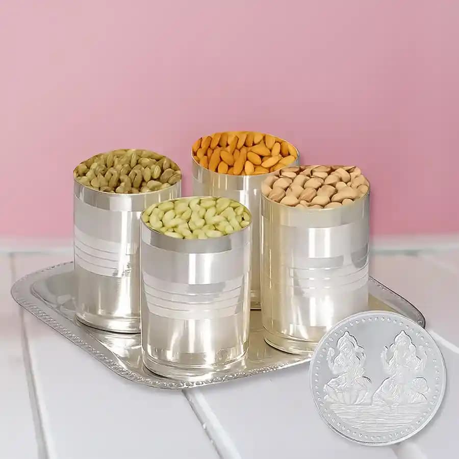Dry Fruits in Silver Glass and Tray with Free Silver Plated Laxmi Ganesh Coin