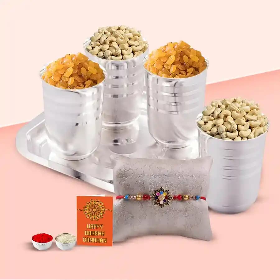 Tasty Dry Fruits in 4 Silver Glasses and Tray with Free Rakhi Roli Tilak and Chawal