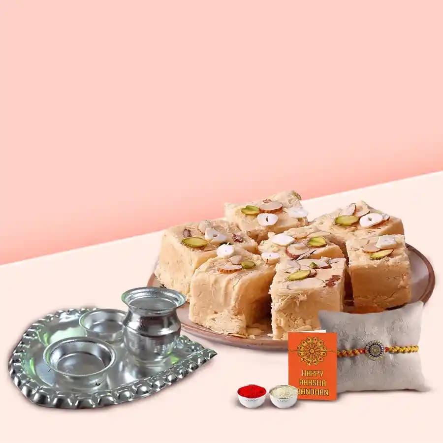 Haldiram's Soan Papri and Elegant Paan-Shaped Aarti Thali with Rakhi Gift Set