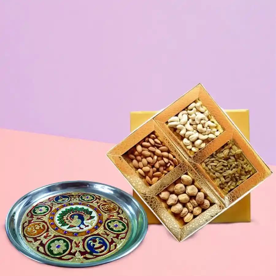 Elegant Meenakari Stainless Steel Thali with Assorted Dry Fruits for Your Sister