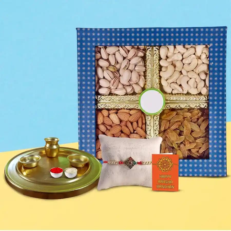 Elegant Gold-Plated Pooja Thali with Mixed Dry Fruits and Rakhi