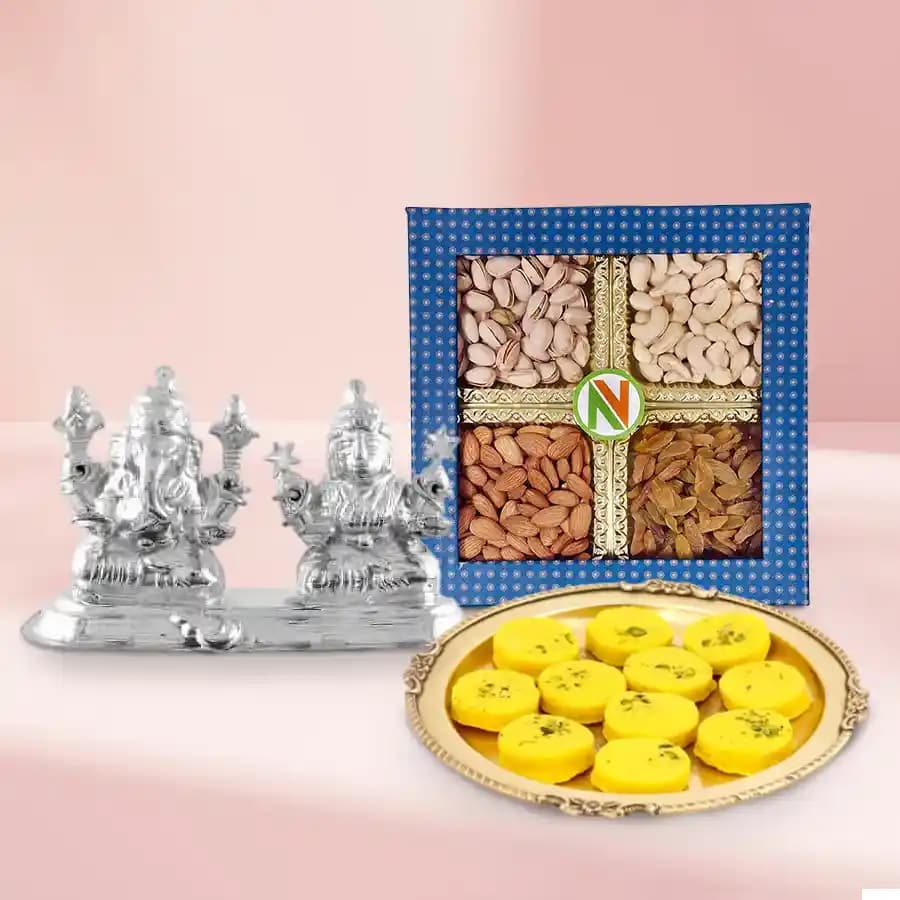 Ganesh Lakshmi Idol with Dry Fruits N Haldirams Kesaria Peda