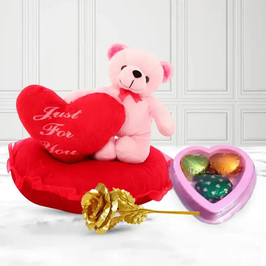 Charming Eric on Heart Plush with Elegant Golden Rose and Sweet Heart Chocolates